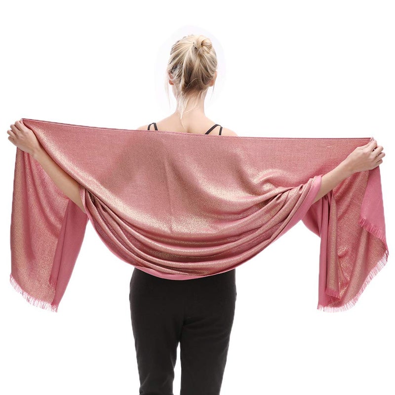 LMVERNA Women Sparkling Metallic Fringed Scarf Lightweight Fashion Large Pashmina Shawls and Wraps for Evening Dresses(Rose-Gold) - Image 2